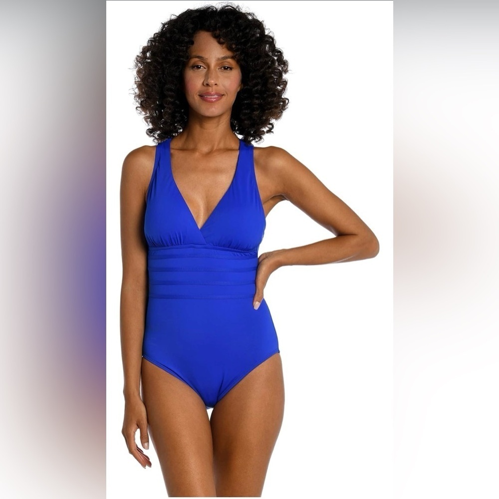 La Blanca Blue One-Piece Swimsuit with V-Neck and Ruched Bust